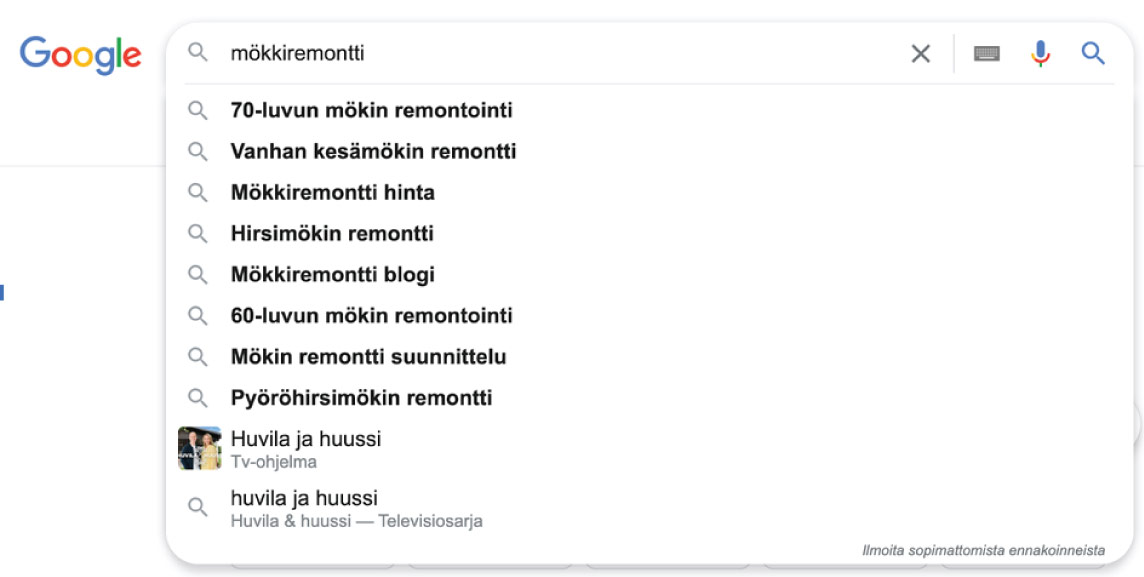 Kuvankaappaus Google-hausta hakusanalla "Mökkiremontti"