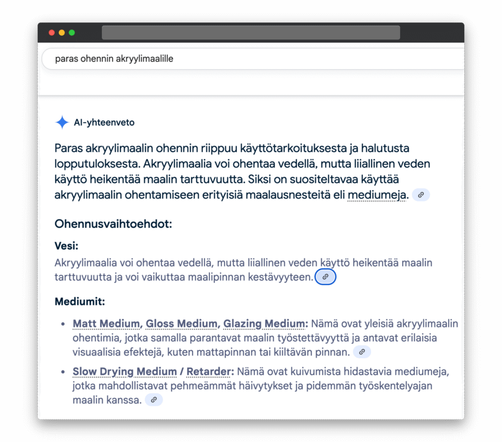 kuvakaappaus Googlen ai-yhteenvedosta.